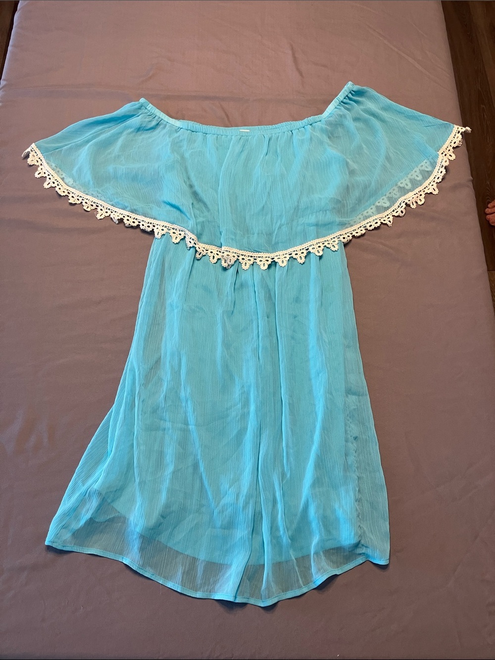 Charming Charlie Aqua Summer Dress with White Crochet Trim